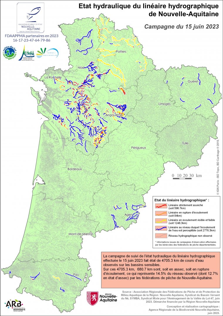 Etat hydraulique du linéaire hydrographique de la région Nouvelle-Aquitaine - Campagne du 15 juin 2023